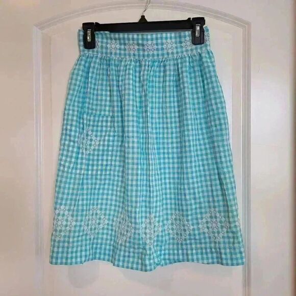 Vtg. Handmade Blue & White Gingham Check Half Apron w White Cross Stitch, Pocket - Picture 2 of 8